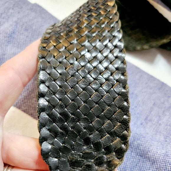 Vintage 90s Black Leather Woven Belt Medium - Picture 4 of 6